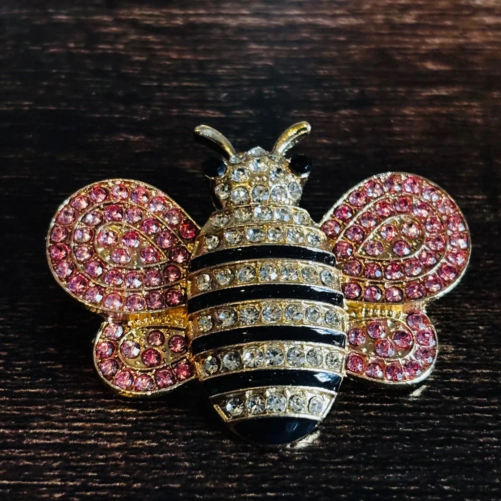 Gold Tone Pink Rhinestone Bumblebee Brooch Crystal Insect Black Enamel Stripe